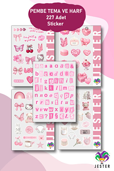 Jester Pembe Temalı 5'li Sticker, Çıkartma, Günlük, Ajanda, Planlayıcı, Bulle...