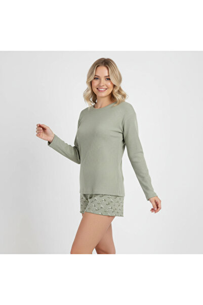 BONBON Women's Jacquard Long Sleeve Light Green Color 2-Piece Pajama Set Bb2315