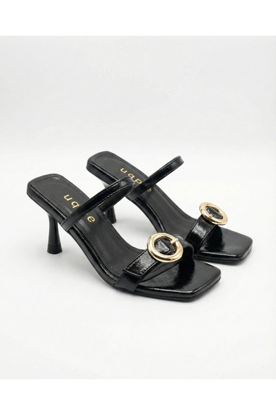 uqpe Talya Gold Ring Buckle Goblet Heeled Slippers - Black Wrinkled