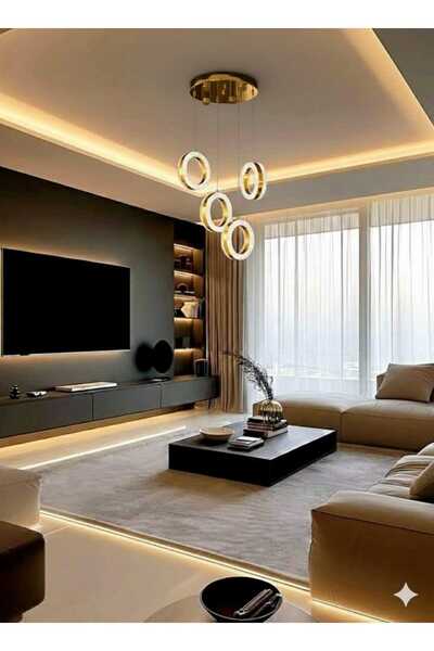 AURA LIGHTING 4'Lü Halka Gold Kristal Sarkıt 3Renk LED Modern Salon/Antre Avi...