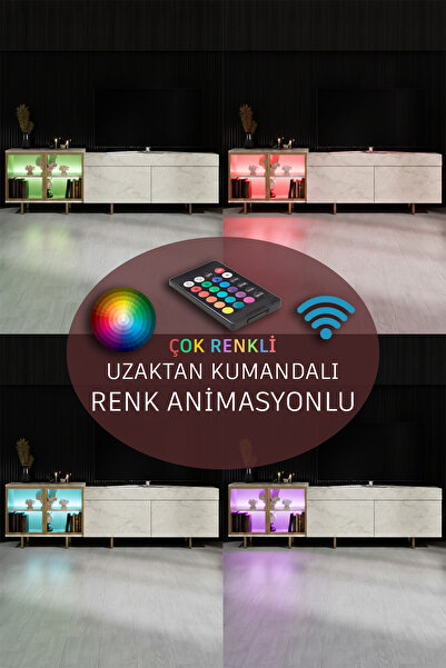 Modatte VİENNA TV ÜNİTESİ RGB LED IŞIKLI GOLD DEMİR AYAKLI RAFLI DOLAPLI TRAVERTEN TV SEHPASI