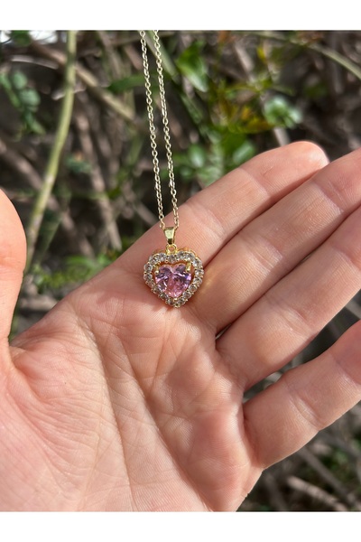 Gold Pembe Taşlı Kalp Figürlü Çelik Kolye
