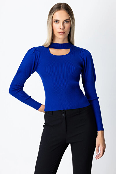 On Fashion Women's Collar Windowed Balloon Sleeve Saks Blue Sweater 65303