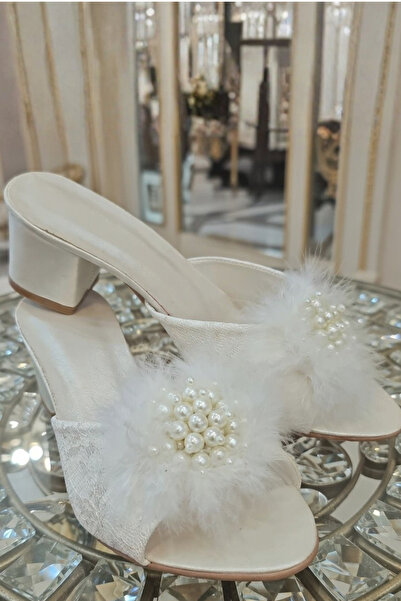 bigmama Bridal Slippers: Pearl-Embellished Dowry Slippers with Feathered Heel...
