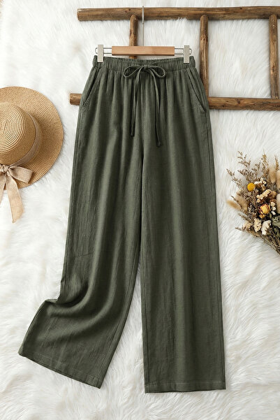 MODAQU Elastic Waist Muslin Fabric Wide Leg Khaki Trousers