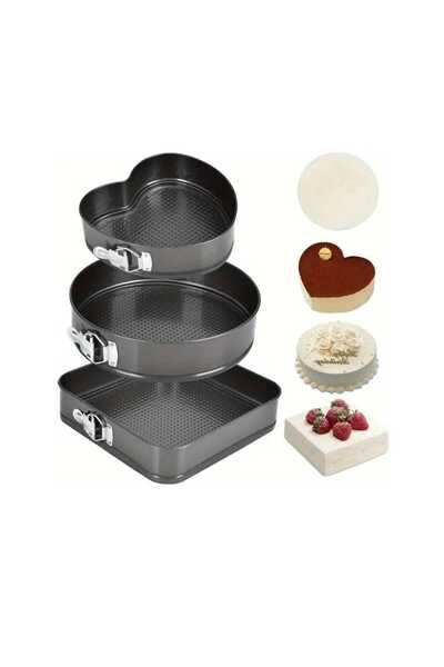 Home 3 Piece Metal Clamshell Cake Mold Set Heart Square Round