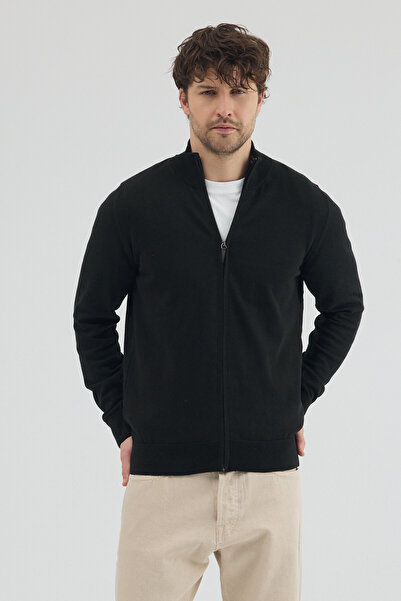 hateko Pure 100% Cotton Men's Knitwear Zip-Up Cardigan – Black