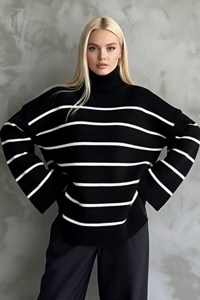 İntive Lingerie Women's Striped High-Neck Modern Sweater