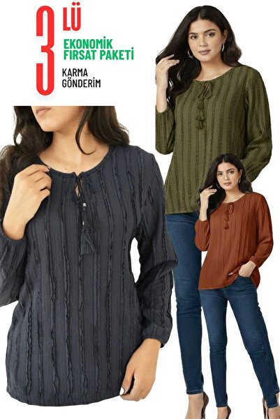 THEBEK Tie-Down Collar Fır Fır Fabric Long Sleeve Women's Blouse Set of 3