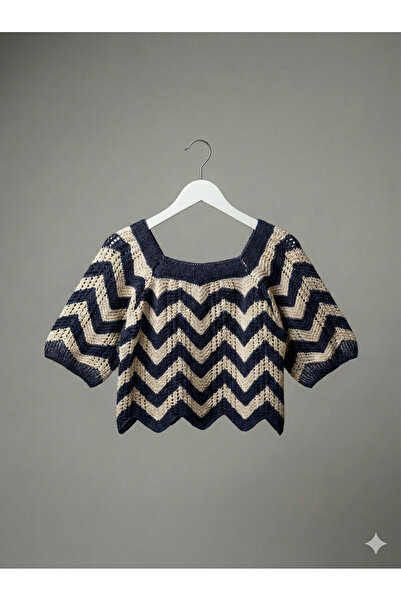 Lunleni Women's Navy Blue Zigzag Patterned Sweater
