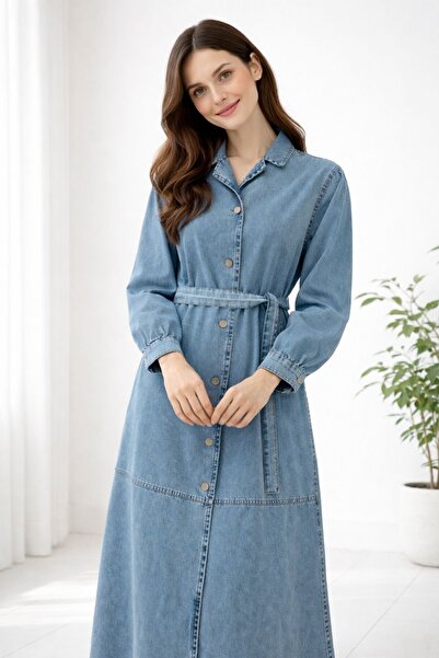 hiramir Kadın Günlük Şık Kuşaklı Denim Kot Elbise YZ2605