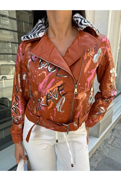 Rabona Fashion Graffiti Icon Kemerli Suni Deri Ceket
