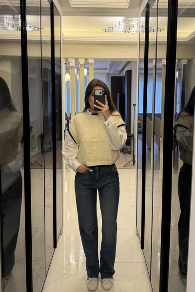 MAT BUTİK Ekru Saç Örgülü Triko Süveter