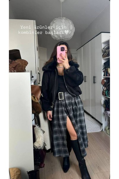 Kedi Fashion Yırtmaçlı kemer detaylı ekose etek