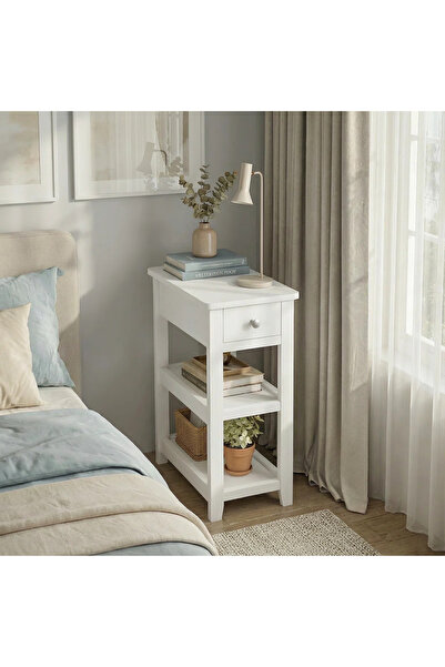 Poyraz Furniture Accessory Çekmeceli ve Raflı, Dar Yan Sehpa, Küçük Alanlar İ...