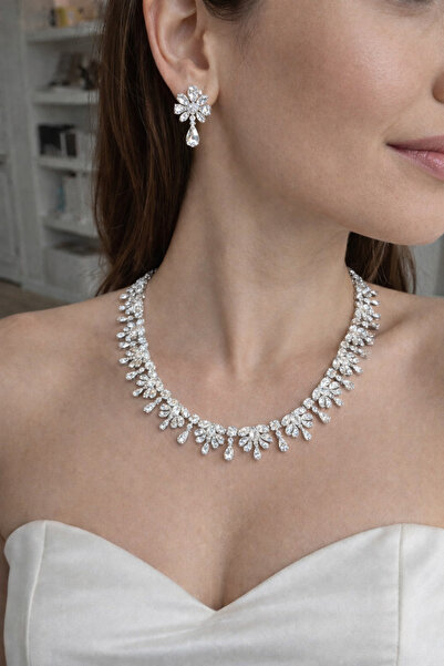 Owentis İmperial Pırlanta Kesim Damla Zirkon Taşlı Premium Gelin Seti -Kolye ...