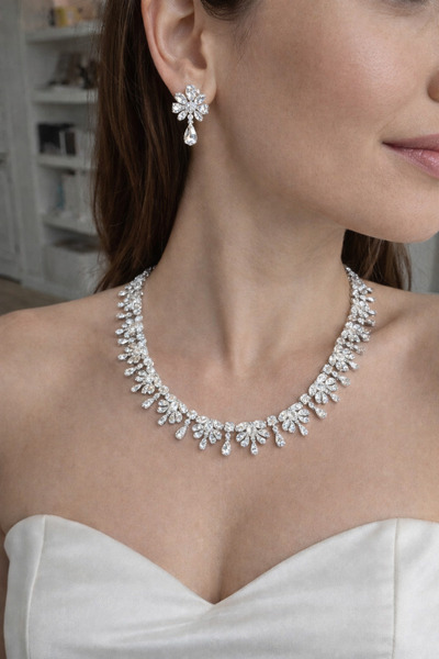 Owentis Royal Pırlanta Kesim Floral Damla Zirkon Taşlı Premium Gelin Seti -Ko...