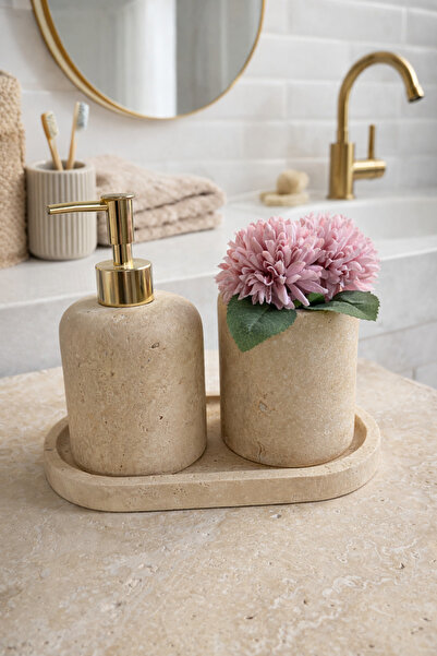 zekmar home stone Doğaltaş Traverten 3'lü Sabunluk- Banyo Seti