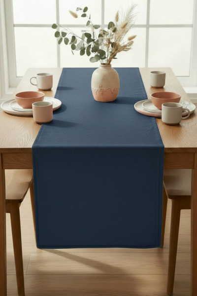 Dokuar Velvet Textured 40X200 Premium Prussian Blue Plain Polyester Table Runner