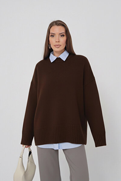 Lusin Women's Oversize Bitter Brown Crew Neck Cotton Textured Long Sleeve Kni...
