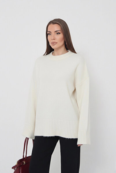 Lusin Women's Oversize Ecru Crew Neck Cotton Textured Long Sleeve Knit Sweater