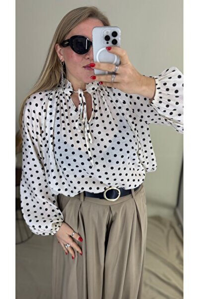 JANNA BUDAK BOUTİQUE Kadın Puantiyeli Şifon Bluz – Bağlama Detaylı