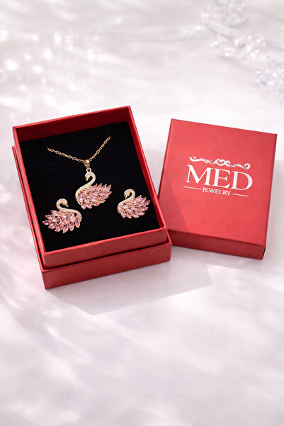MEDJEWELRY Kuğu Kolye & Küpe Set - Çelik I Sürpriz Küpe Hediye