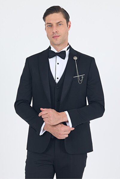 İmza Siyah Kılıç Yaka Tek Düğme Slim Fit Yelekli Ceremony Takım Elbise 100125...
