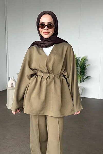 Kübra Aydıns Beli Bağlamalı Tensel Takım-Yağ Yeşili