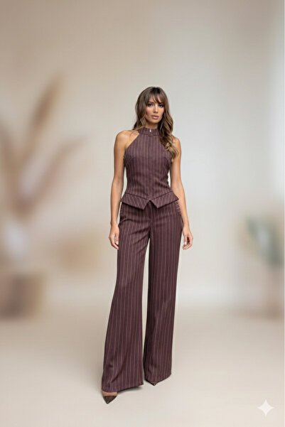 She Combines Kadın Kahverengi Çizgili Halter Yaka Fermuarlı Yelek ve Bol Paça...