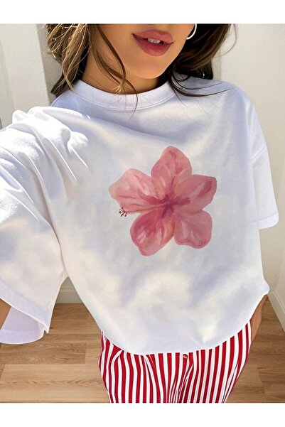 PALPİTO Tricou oversize cu imprimeu cu flori de trifoi alb pentru femei