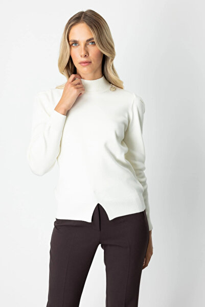 On Fashion Women's Buttoned Shoulder Detailed Ecru Sweater 65331