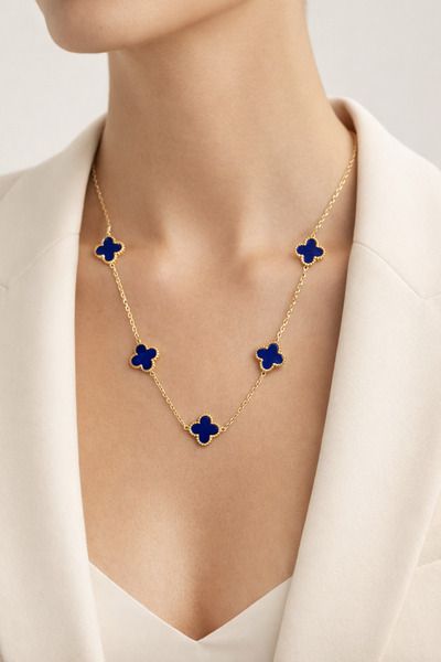 laria jewelry Lacivert Yonca Detaylı Kolye