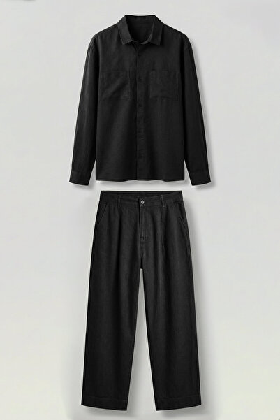 ablukaonline Men's Loose Fit Shirt Trousers Linen Two-Piece Set Black