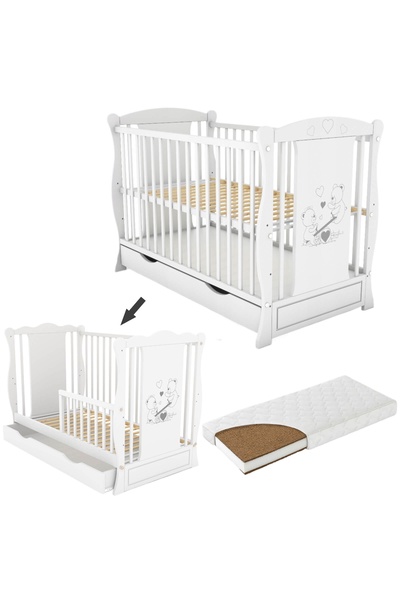 Kidizi Детско креватче Maya 2 в 1 от масивно дърво, бяло, с чекмедже и кокосо...