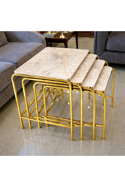 Riyes Tasarım 4 lü Zigon Metal Ayaklı Gold Kaplamalı Sehpa Seti