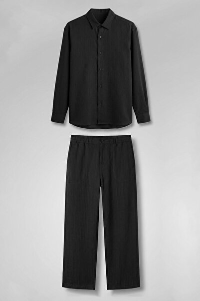 ablukaonline Men's Baggy Striped 100% Cotton Shirt and Pants Two-Piece Set Black