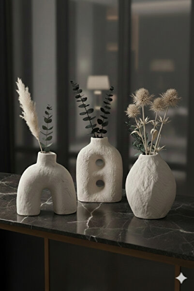 muffag 3-Piece Large Size Handmade Plaster Vase with Texture