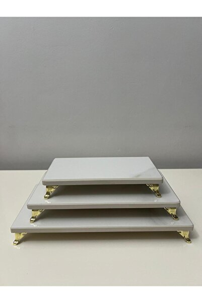 Yanmersan Gold Detaylı Mermer Porselen Sunumluk 3’lü Set | Pasta & İkram Sunu...