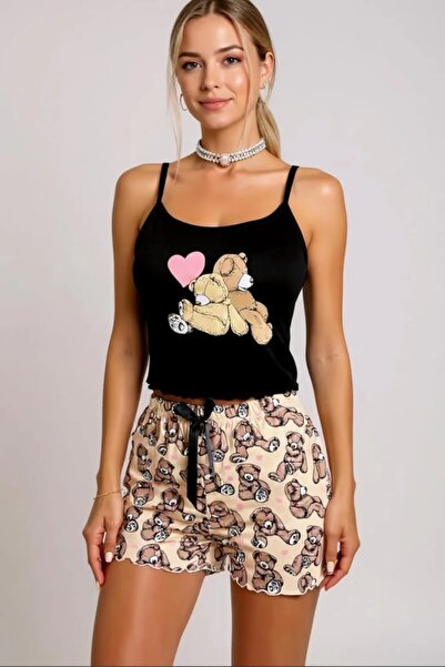 shop Renkli Ayıcık Desenli Askılı Şortlu Kadın Pijama Takımı