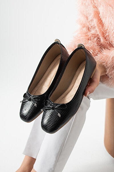 star shoes Women's Black Bow Leather Ballerina Casual Shoes