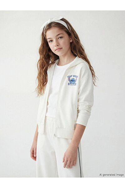 LC Waikiki Lcw Kids White Stitch Printed Girls' Soft Touch Zippered Sweatshirt
