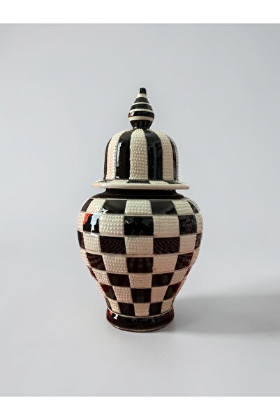 YOOS El Yapımı Çark İşi 25Cm Kütahya Çinisi Damalı Şah Küp Çini Vazo