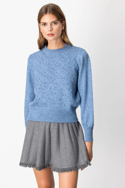 On Fashion Women's Pearl and Diamond Patterned Blue Sweater 63316
