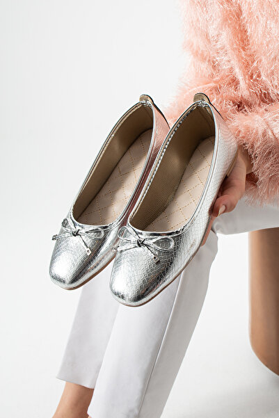 star shoes Women's silver grey bow detail leather ballet flats - everyday shoes