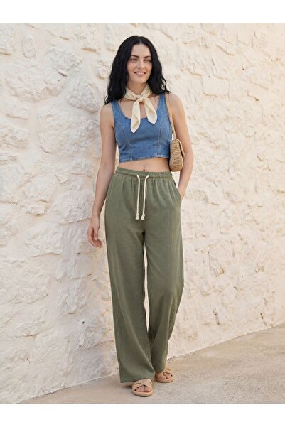 TKT Khaki Women's Muslin Palazzo Pants Wide Leg High Waist