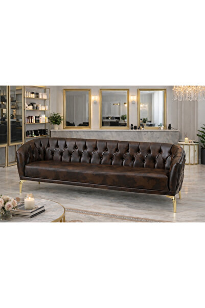 KIEZ Kahve Deri Gold Ayaklı Ofis Koltuğu Makam Koltuğu Bekleme Koltuğu 3 Kişi...