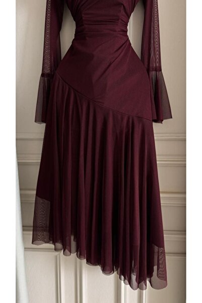 Special-DIARA Burgundy evening dress with flowing pleats