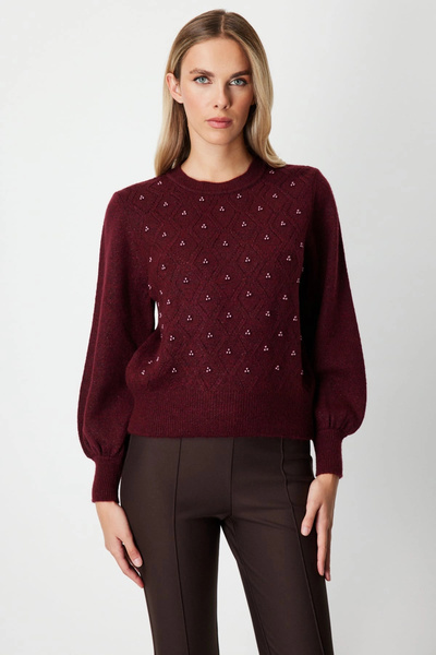 On Fashion Women's Pearl and Diamond Patterned Claret Red Sweater 63316