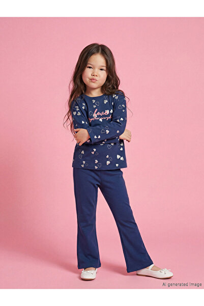 LC Waikiki مجموعة إيس للبنات: تي شيرت وبنطلون ضيق مطبوع باللون الأزرق الداكن